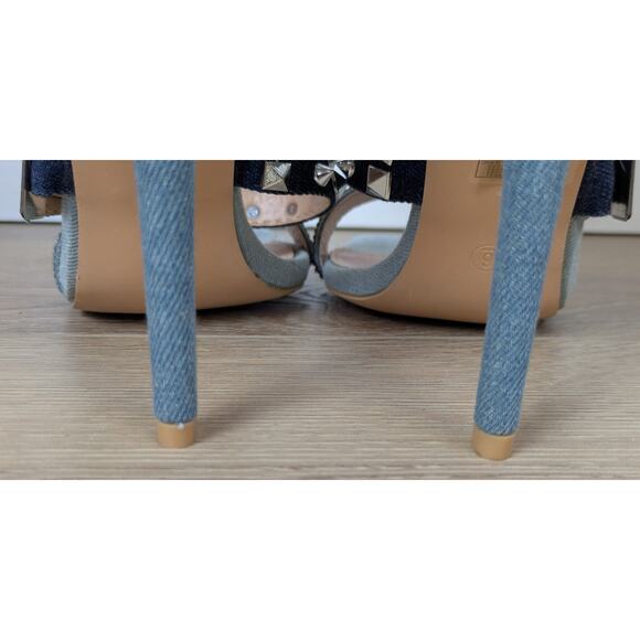 Azalea Wang Trace Heels 6 Denim Strappy Mid Calf Silver Studded Rhinestone NEW - Picture 9 of 12